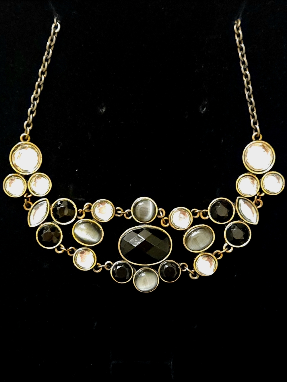 Gold Statement Necklace with Black and Clear Stones - Custom Made